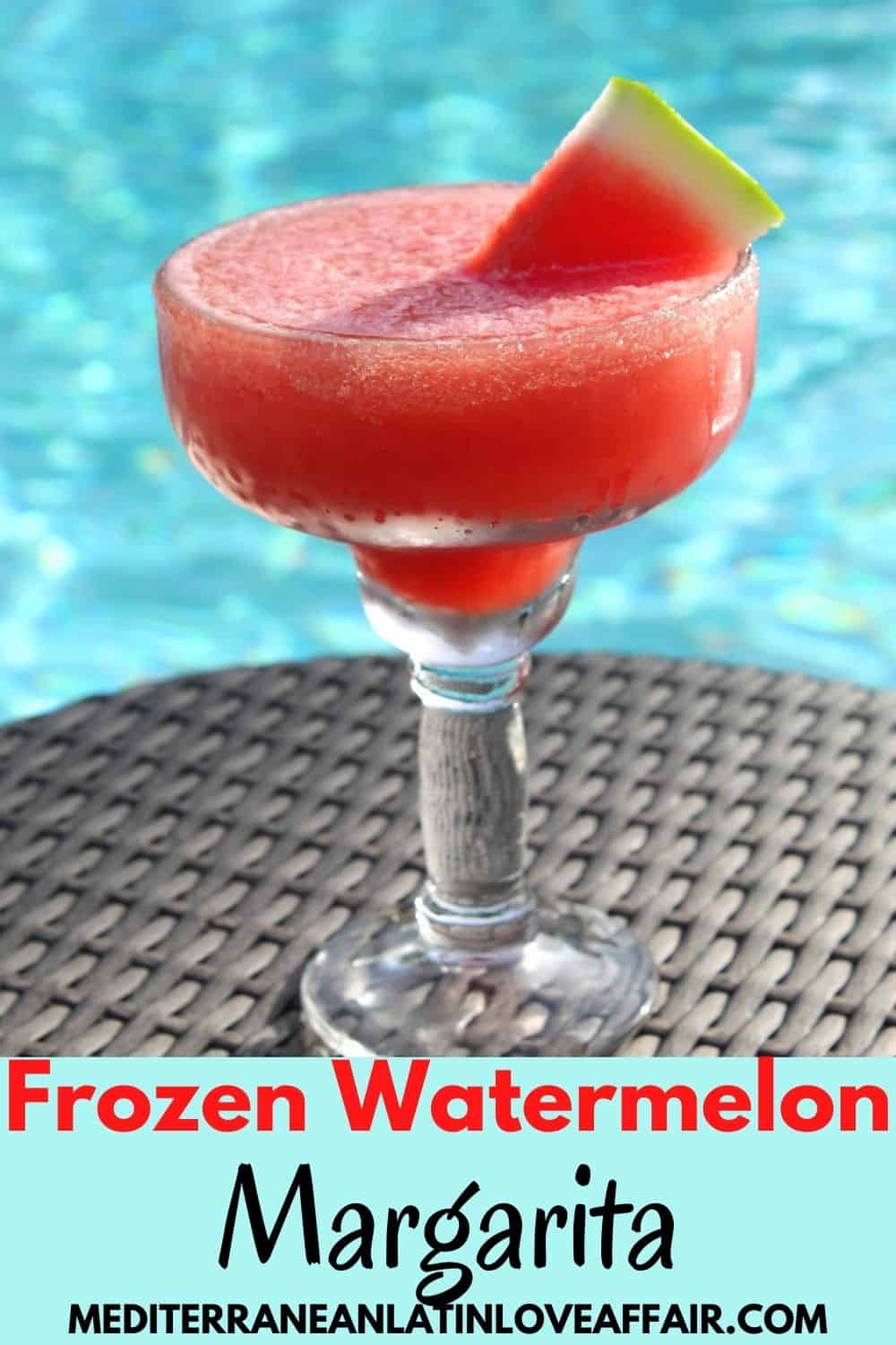Poolside frozen watermelon margarita, garnished with a slice of watermelon. 