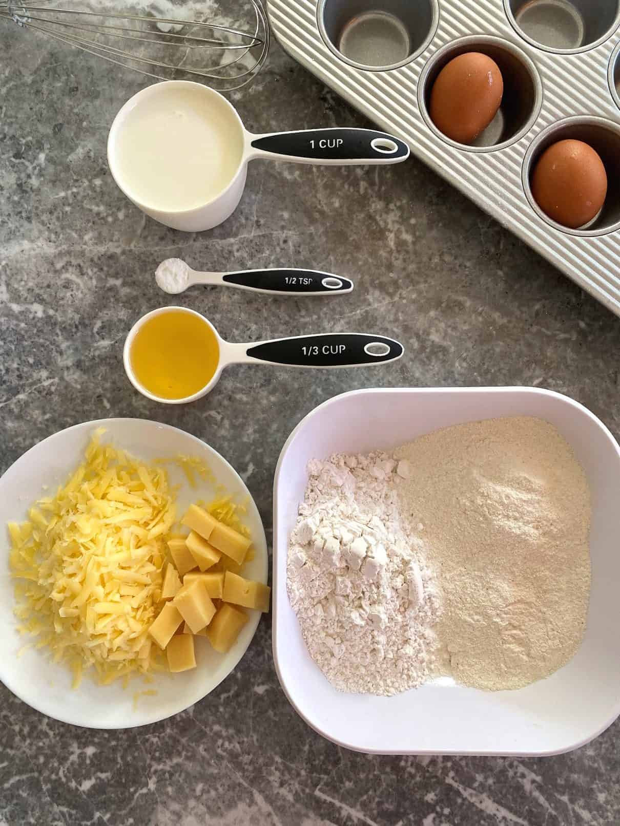 Ingredients weighed and measured for the cornbread muffins.