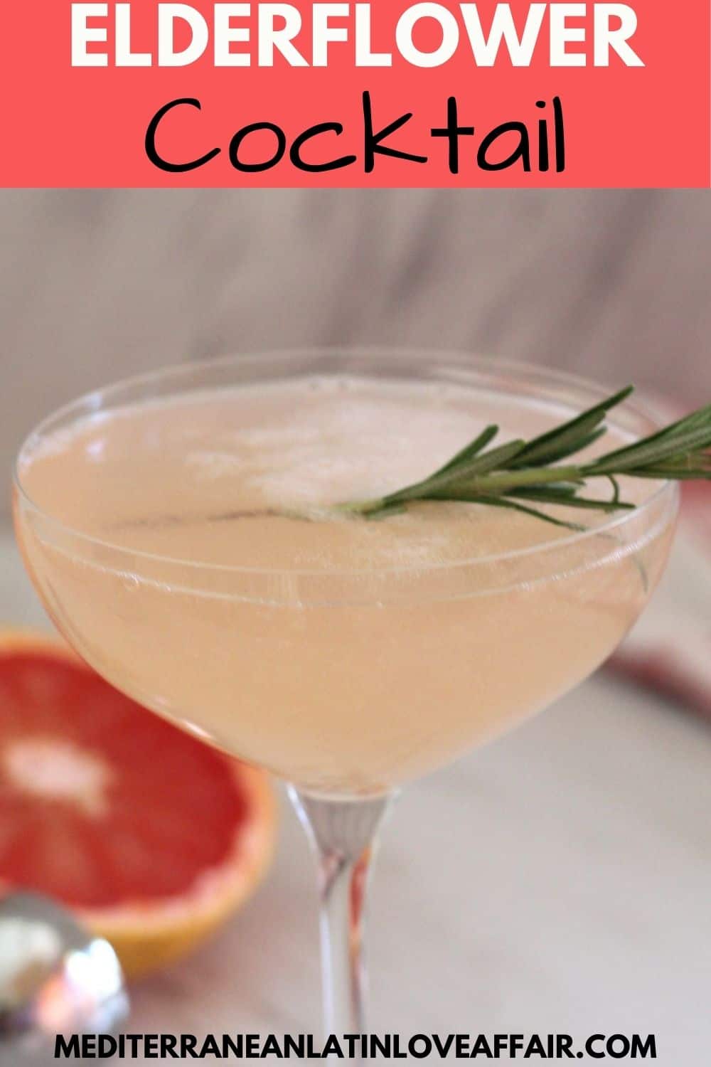 An image prepared for Pinterest with a picture of the elderflower cocktail shown in the middle. On top there's a title bar and on the bottom a website link.