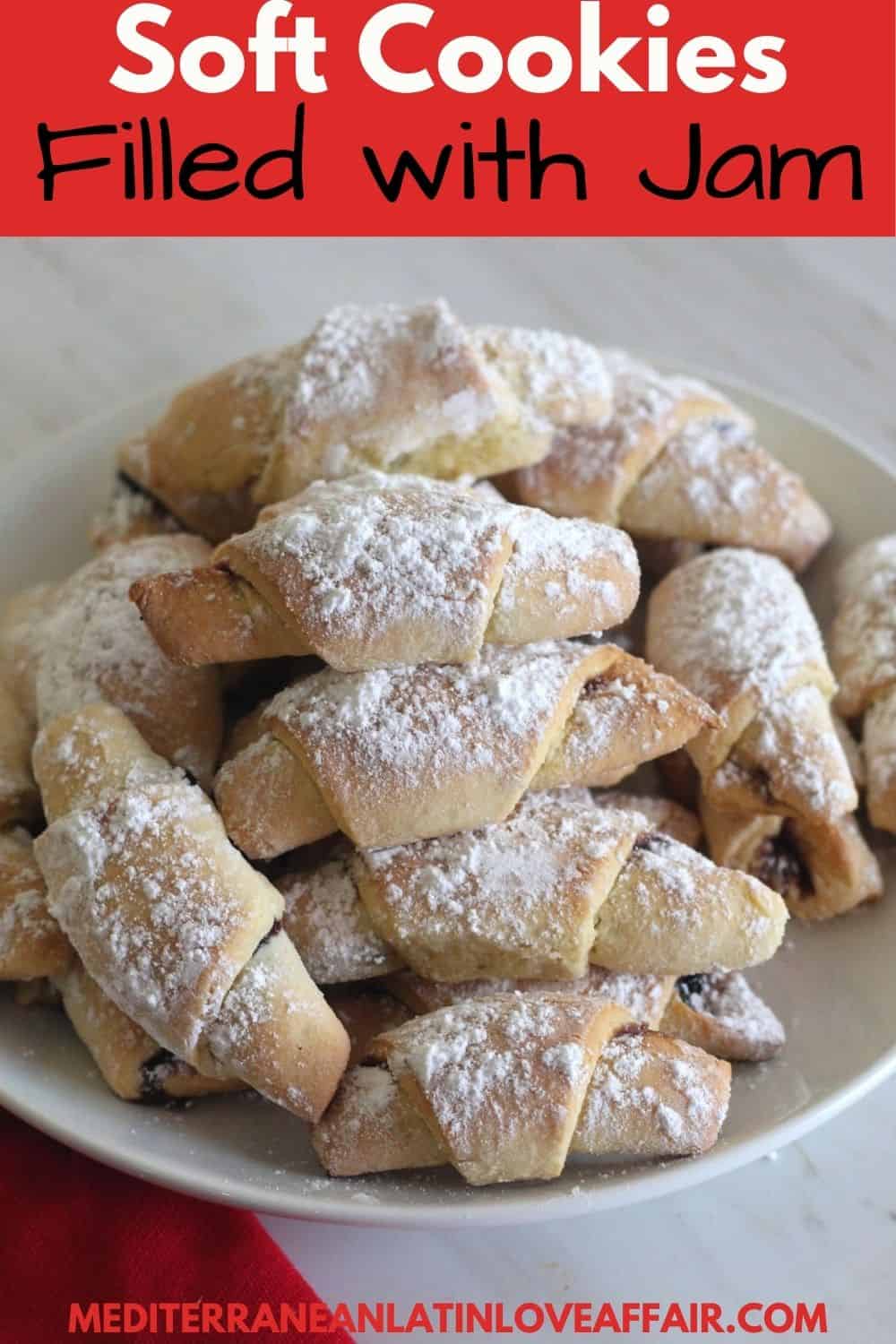 An image prepared for Pinterest. It shows a pictures of the cookies on a plate, cookies are dusted with confectioner's sugar. On top of the picture there's a title bar and at the bottom you see the website link