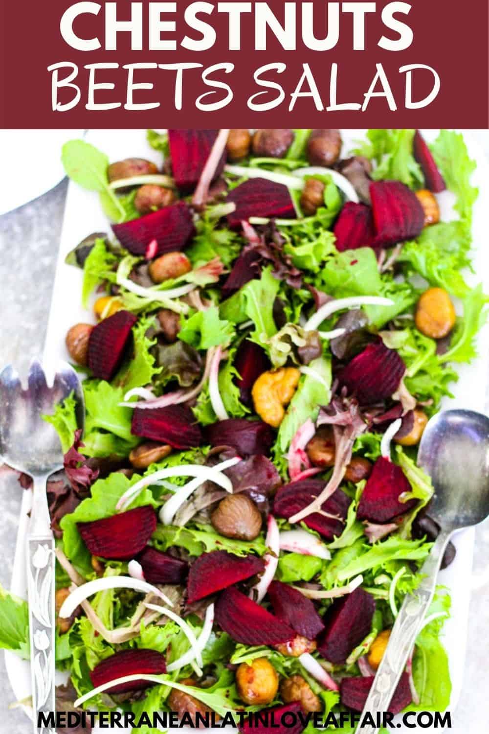 A family style salad with greens, beets and chestnuts. 
