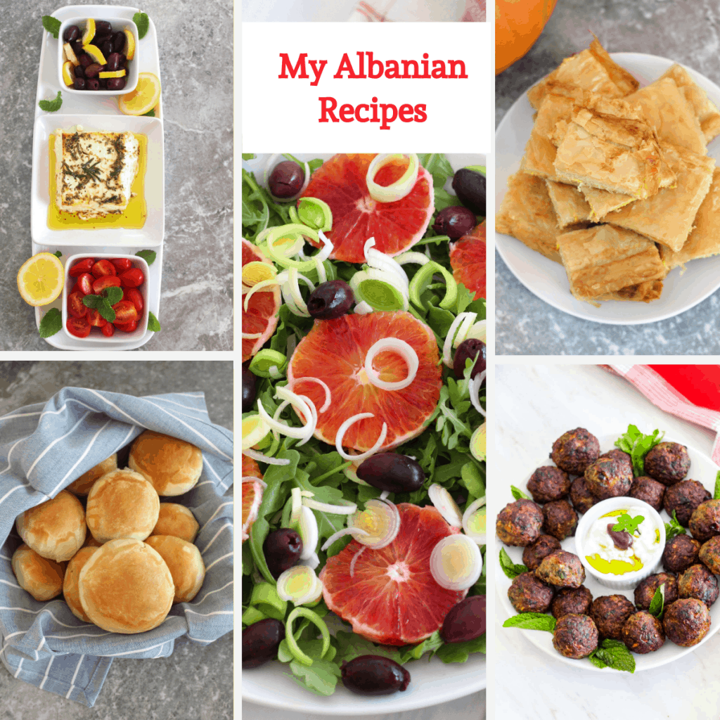 A collage of pictures representing famous Albanian dishes.