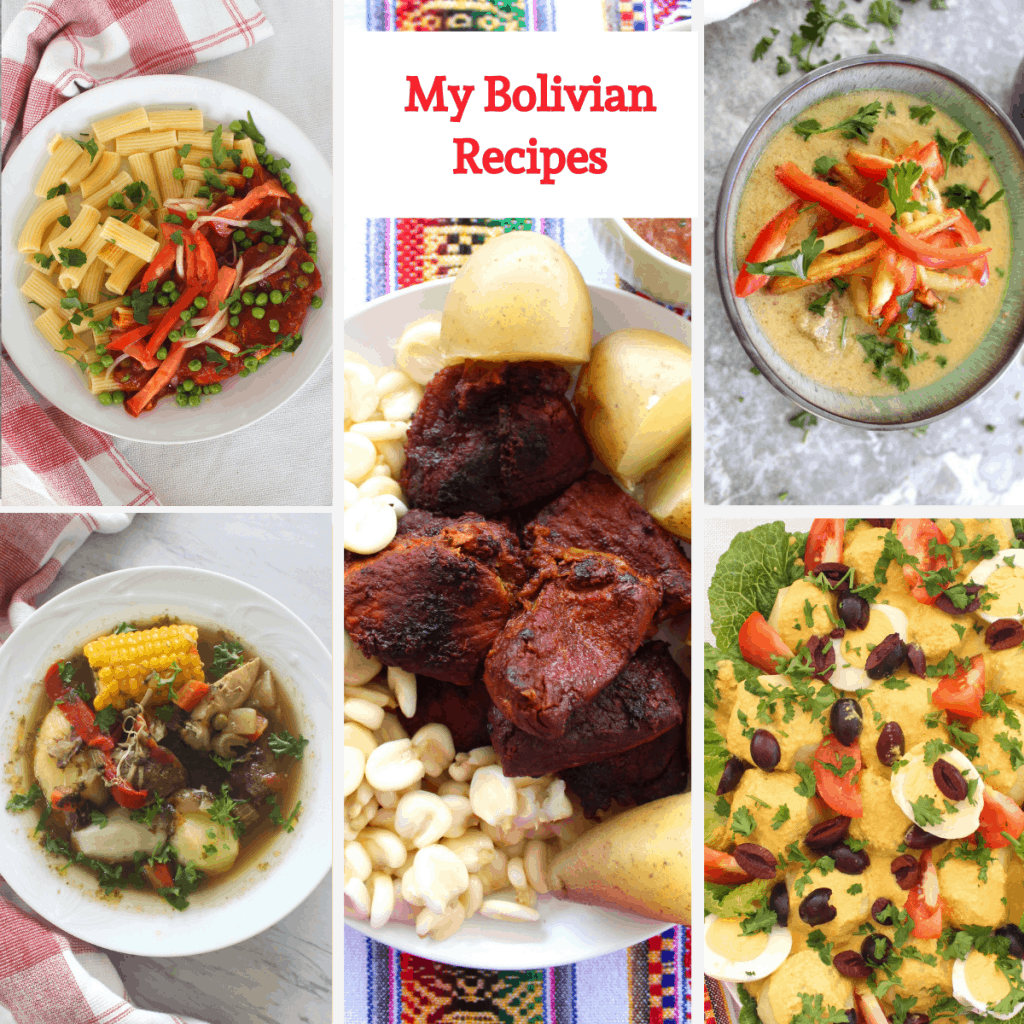A collage of pictures representing Bolivian recipes from my blog.