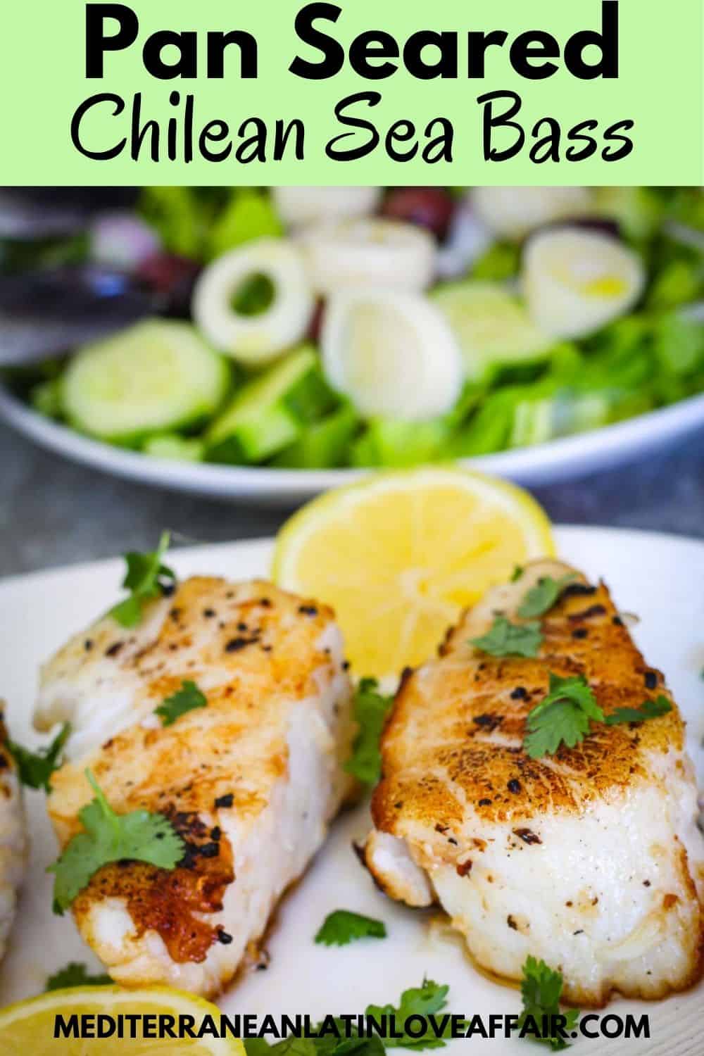 Pan Seared Chilean Sea Bass dish with a salad in the background. Image is prepared for Pinterest, it shows a Pinterest title bar on top of the picture and a website link in the bottom. 
