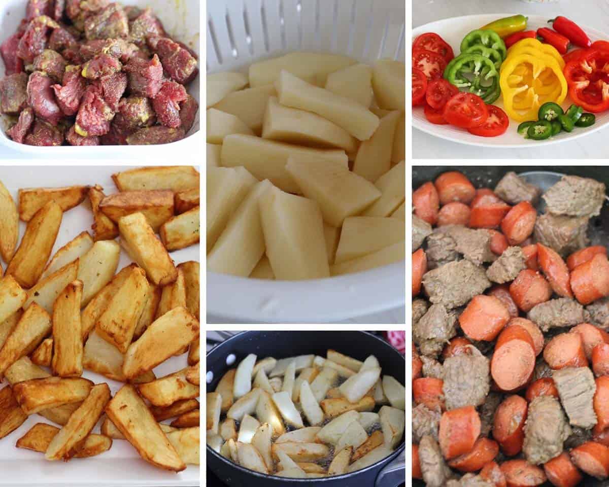 A collage of pictures showing marinated meat, cut potatoes, slices vegetables, french fries, a skillet with fries in it and last a skillet with meat and sausages already cooked.

