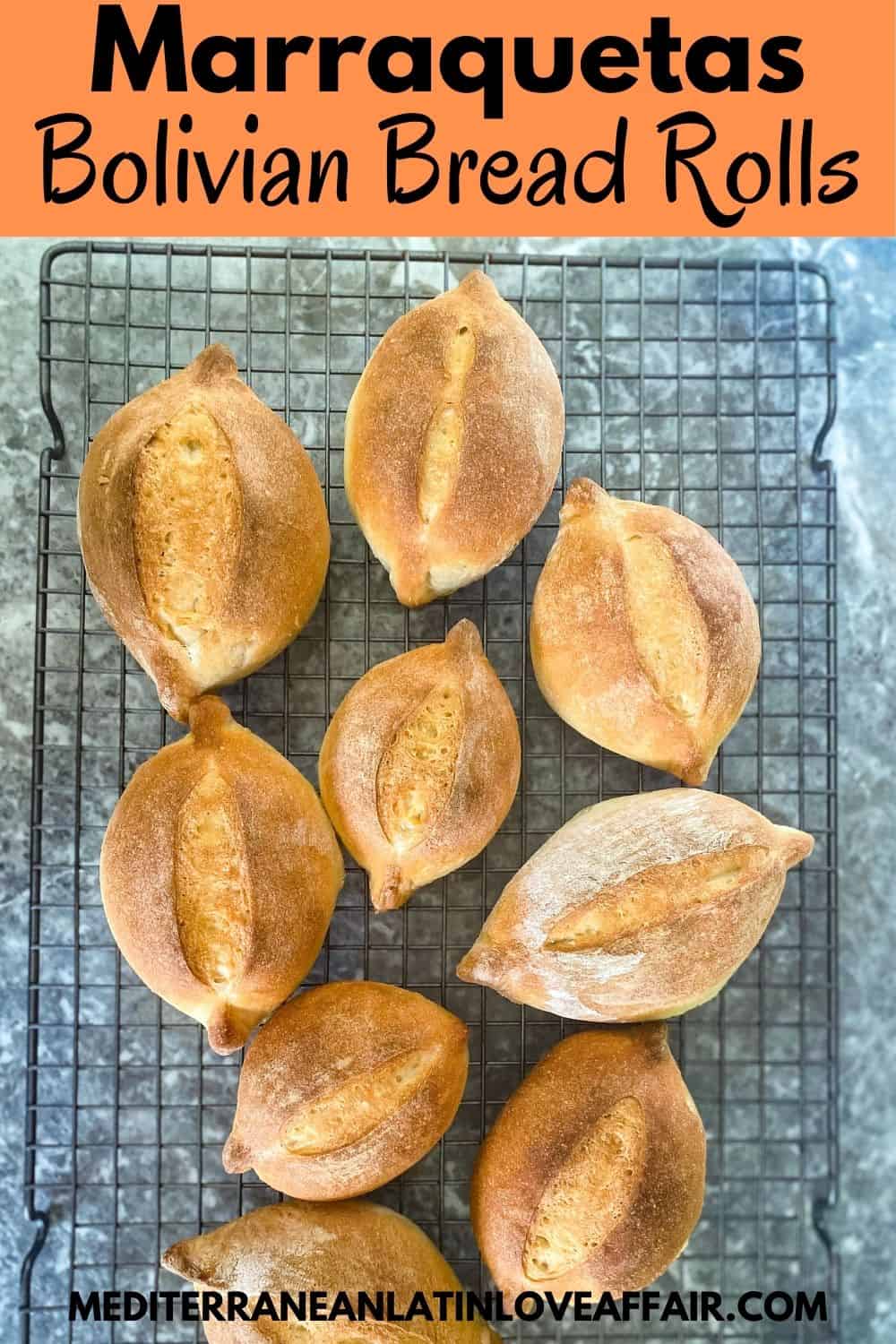 Marraquets or Bolivian Pan de Batalla (Battle Bread) on a cooling rack after just being baked. 