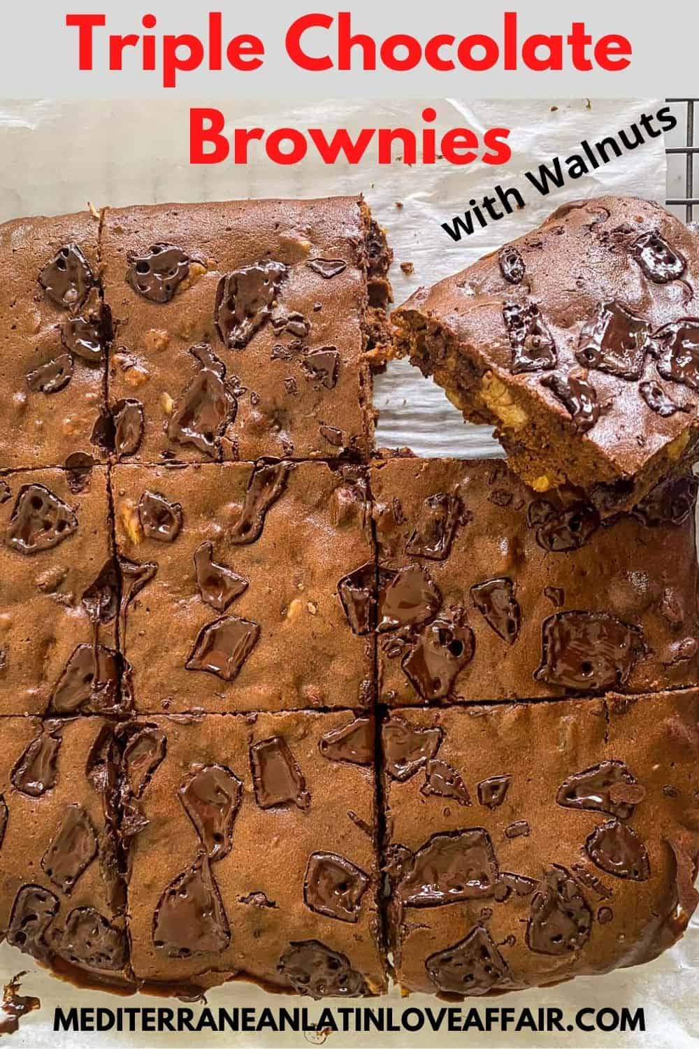 An image prepared for Pinterest, It shows just baked and cut brownies, 9 pieces over parchment paper. On top of the image there's a title bar and on the bottom the website link.