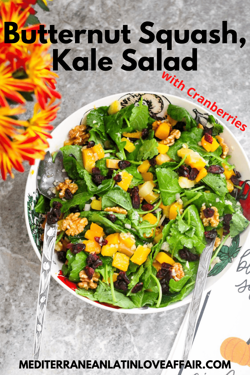 An image prepared for Pinterest, it shows the butternut squash salad on a bowl, a title bar on top and the website link on the bottom.