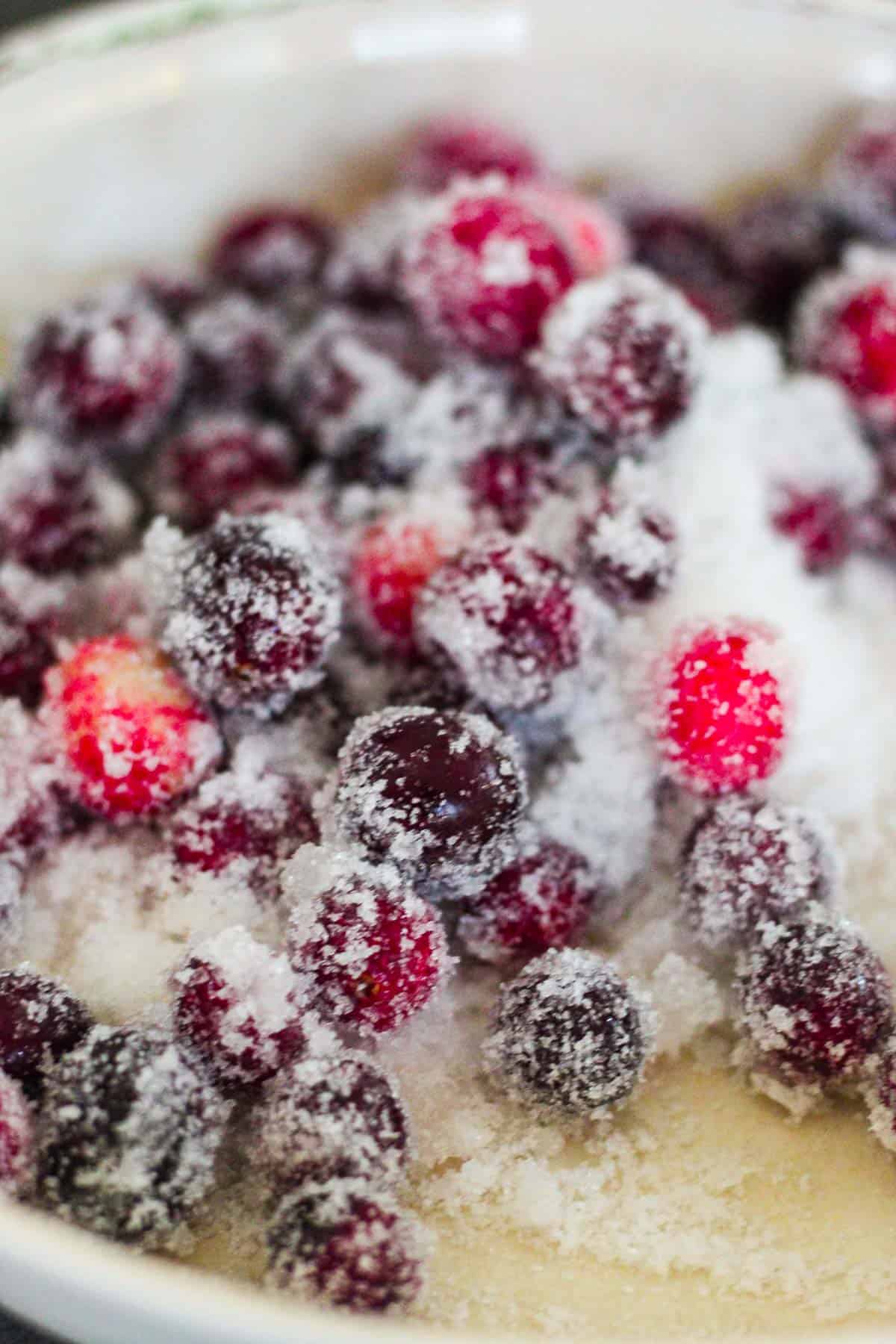 Sugared cranberries on a wide platter. 