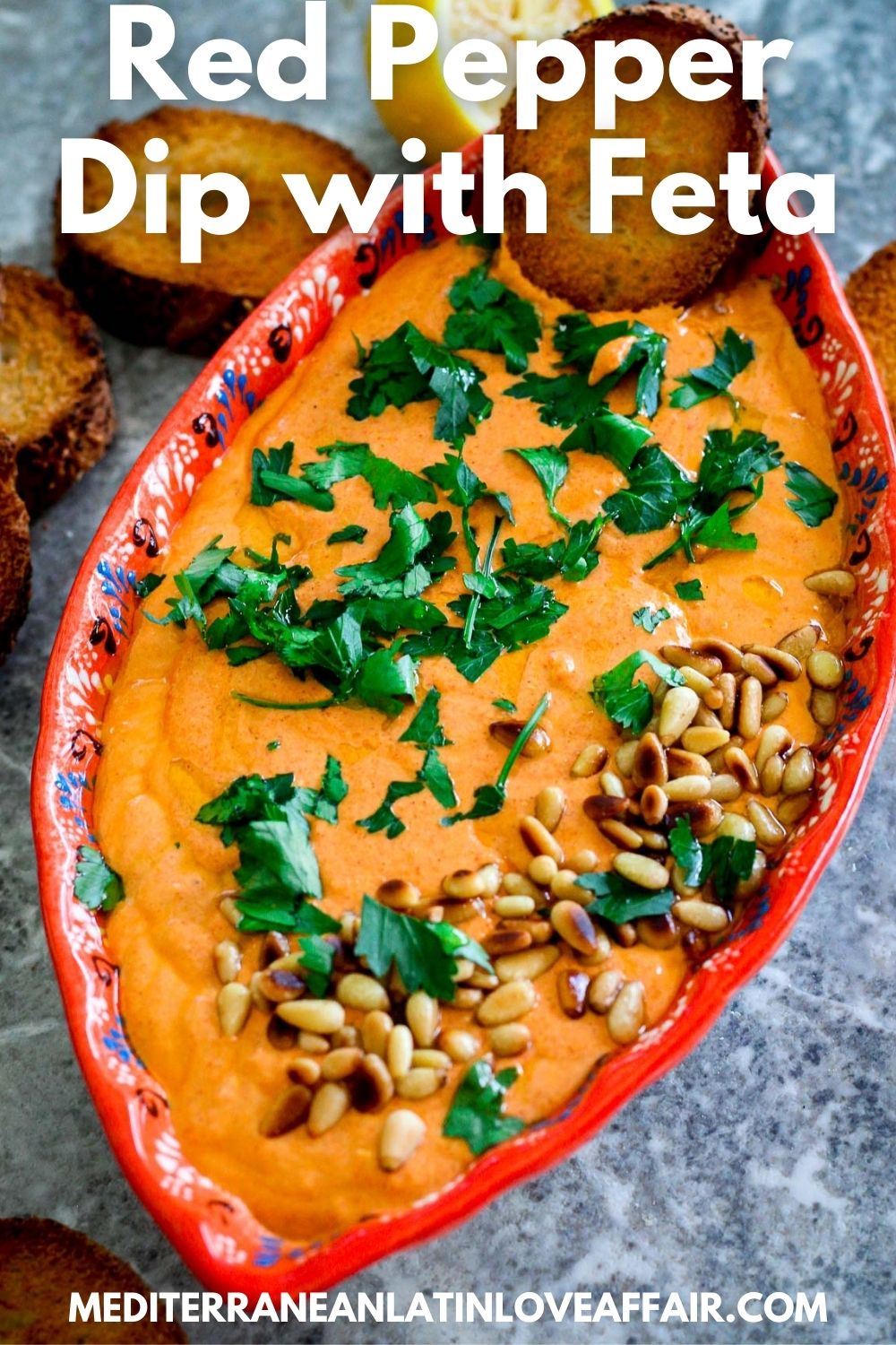 An image prepared specifically for Pinterest. It shows a big picture of the red pepper dip on a platter, garnished with parsley and pine nuts. On top of the image there's a title bar and on the bottom the website link. #mediterraneanlatinloveaffair