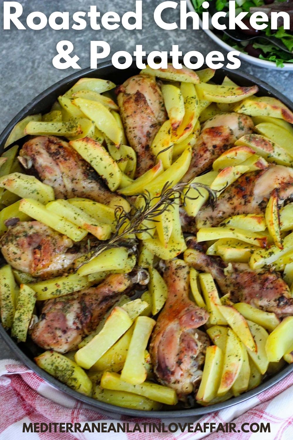 An image prepared for Pinterest, it shows a picture of a round baking dish full with chicken drumsticks and potatoes in a circular pattern. On top there's a title bar and bottom the website link.