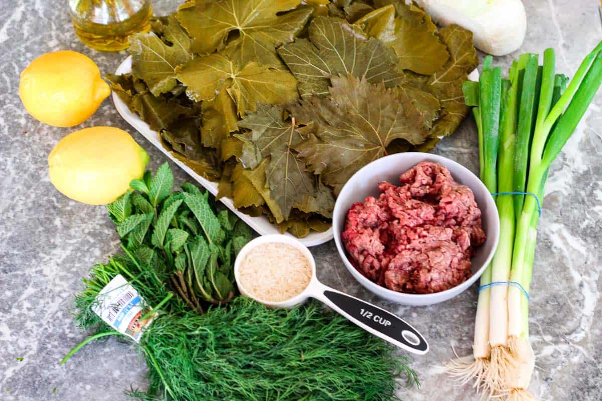 Ingredients all together for making japrak: lemons, meat, green onions, white onion, grape leaves, mint, dill, olive oil. 