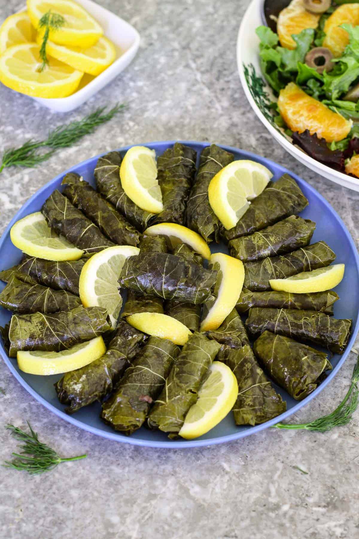 A platter with stuffed grape leaves arranged in a circular shape. There's a lot of lemon slices in between grape leaves. There are dill garnishes and lemon garnishes around the plate. 