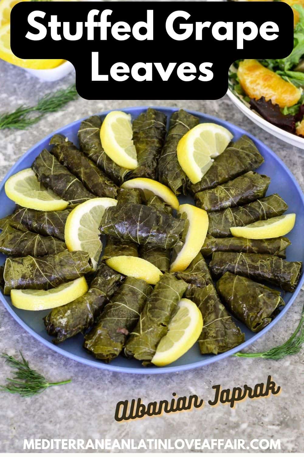 Mediterranean stuffed grape leaves on a blue round platter. Grape leaves rolls are garnished with lemon slices. 