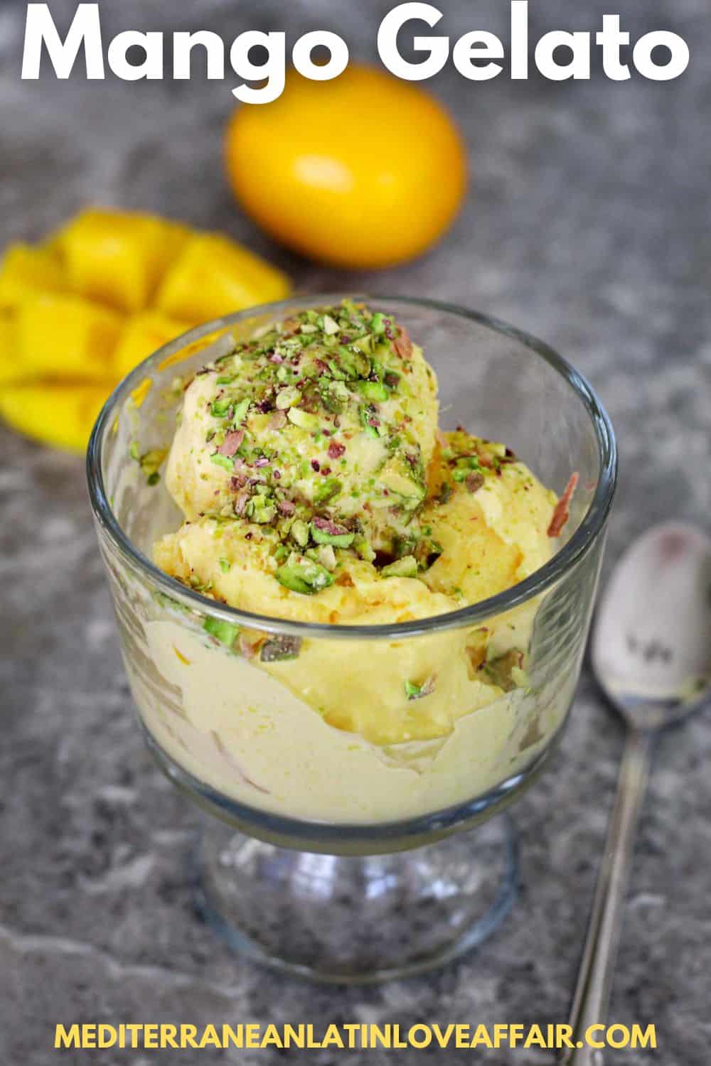 An image prepared for Pinterest, it shows a picture of a gelato serving with mango and meyer lemons. Gelato is topped with pistachios. There's a title bar on top and a website link in the bottom.