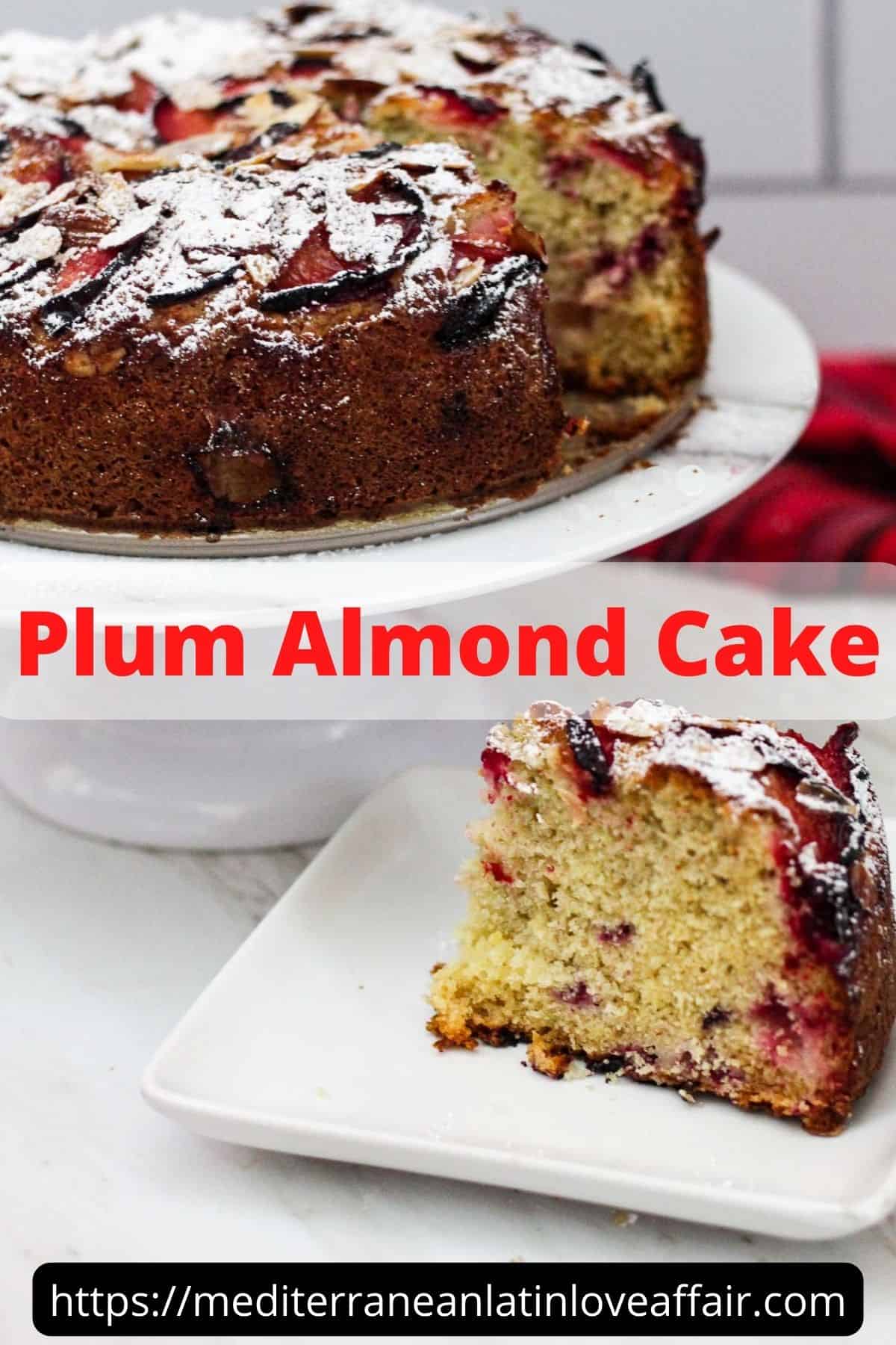 Plum almond cake on a cake stand in the background and in foreground there's a square plate with a slice of cake. 