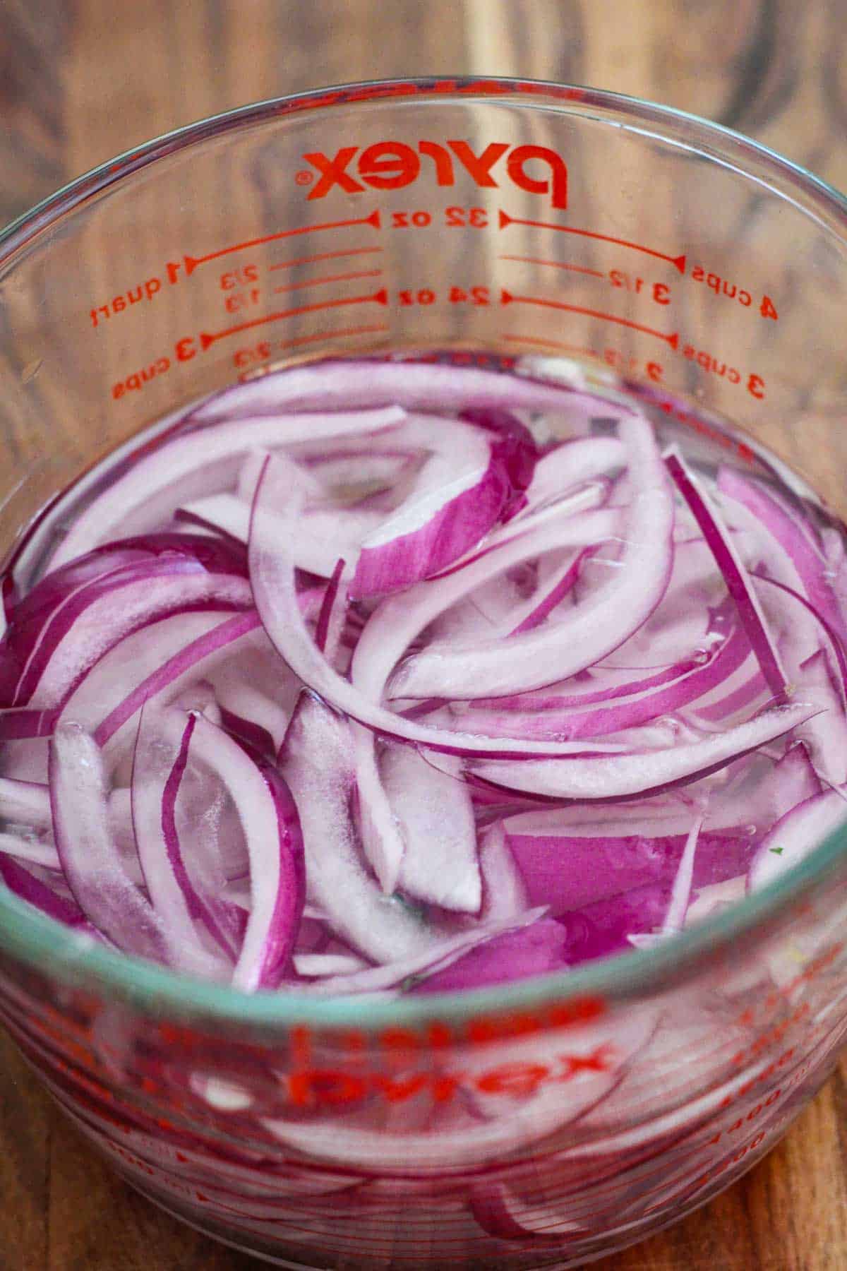 Red onion sliced in cold water.
