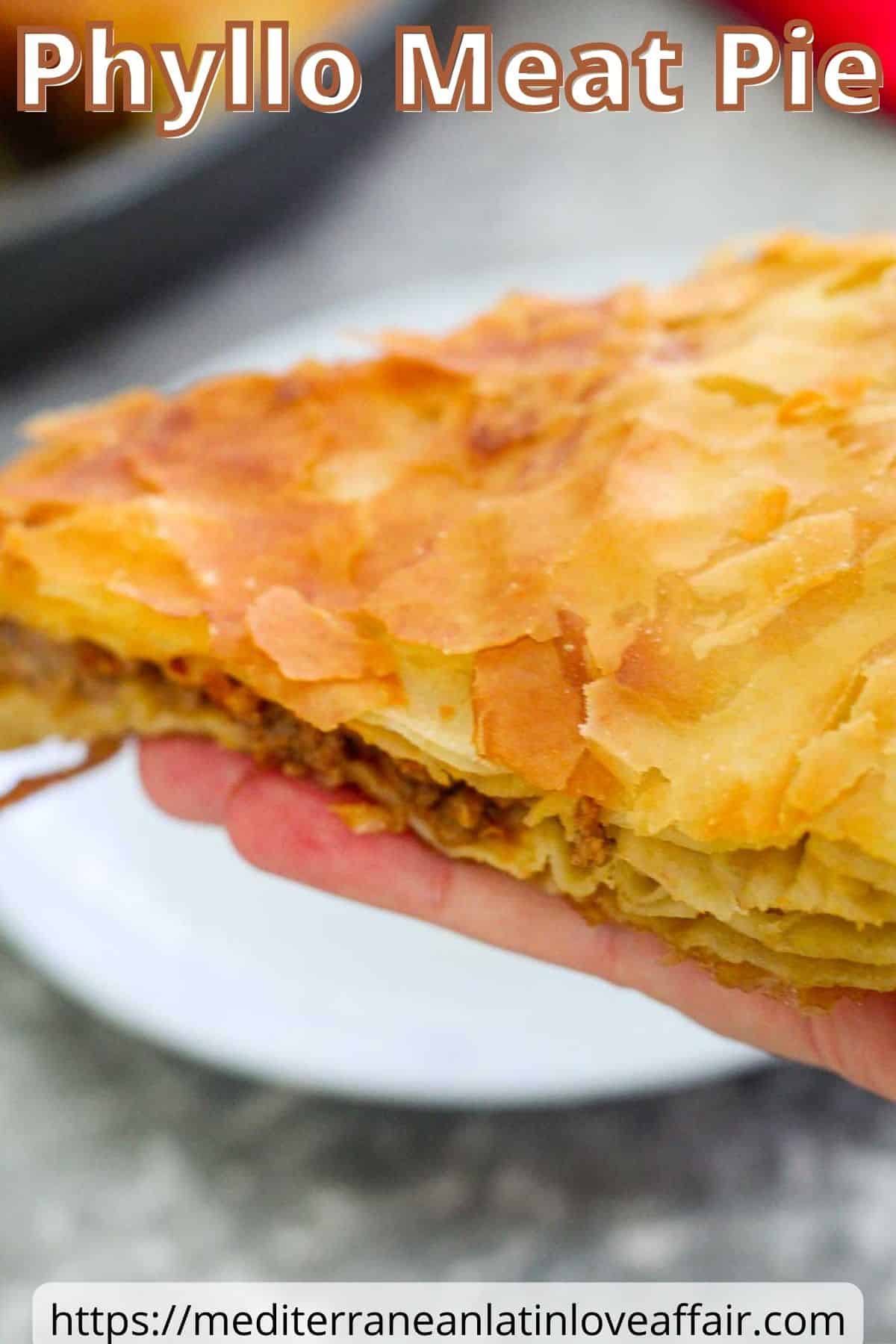 An image prepared for Pinterest, it shows a picture of a slice of Albanian Byrek on the palm of the hand. In the background you see the faded baking tray. There's a title bar on top of the picture and a website link at the bottom.