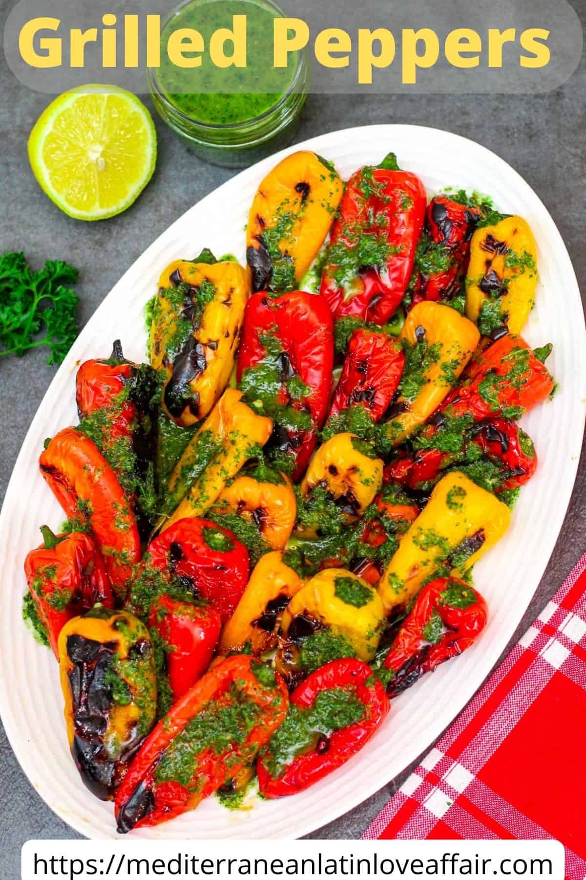 An image prepared for Pinterest. It shows the picture of grilled mini sweet peppers on a platter, topped with parsley and za'atar sauce. There's a title bar on top and a website link in the bottom.