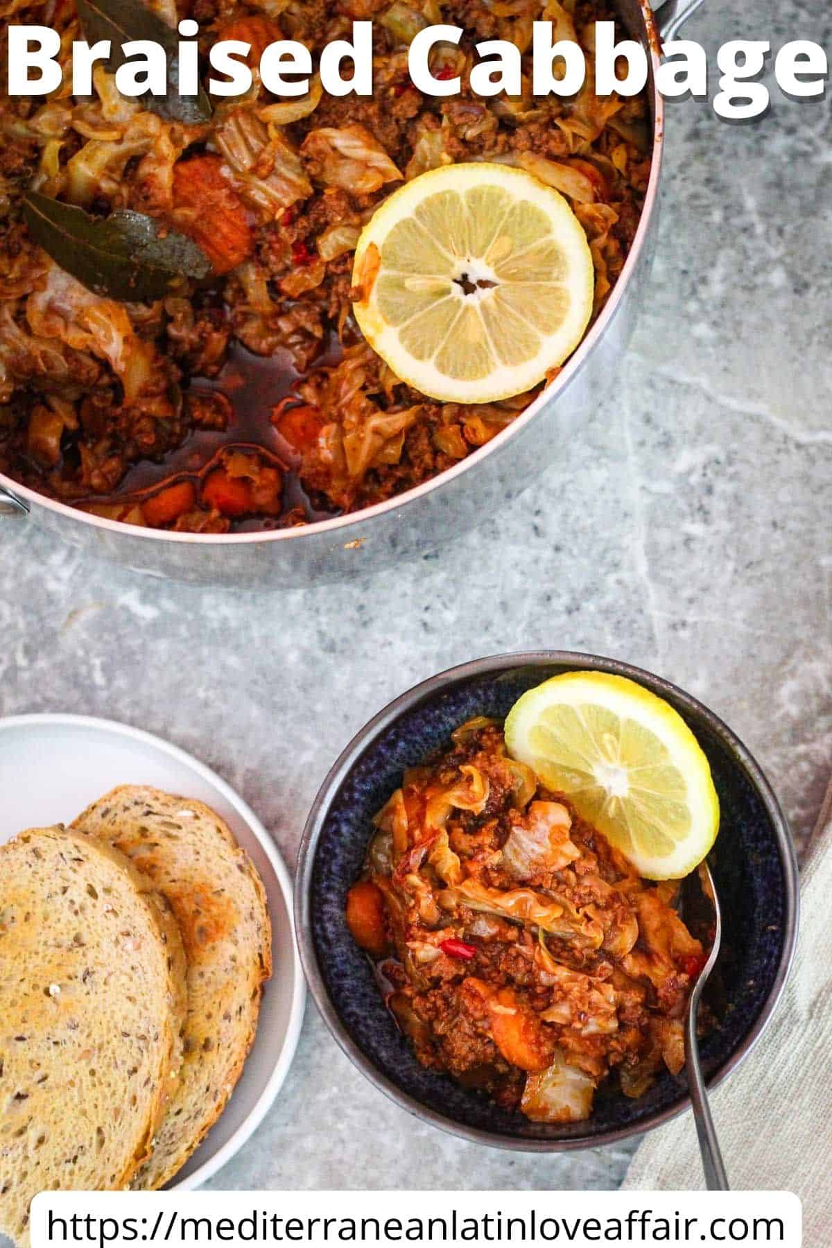An image prepared for Pinterest. It shows a picture of the braised cabbage with beef on a serving bowl with lemon and bread on the side. The post is in the background and there's a title bar on top and the website link on the bottom. 