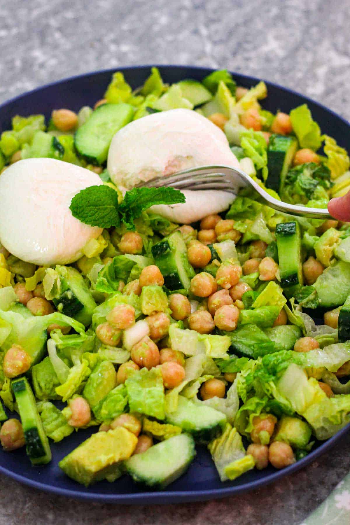 A salad plate with chickpeas, cucumbers, lettuce and avocado topped with two burrata balls garnished with mint. 