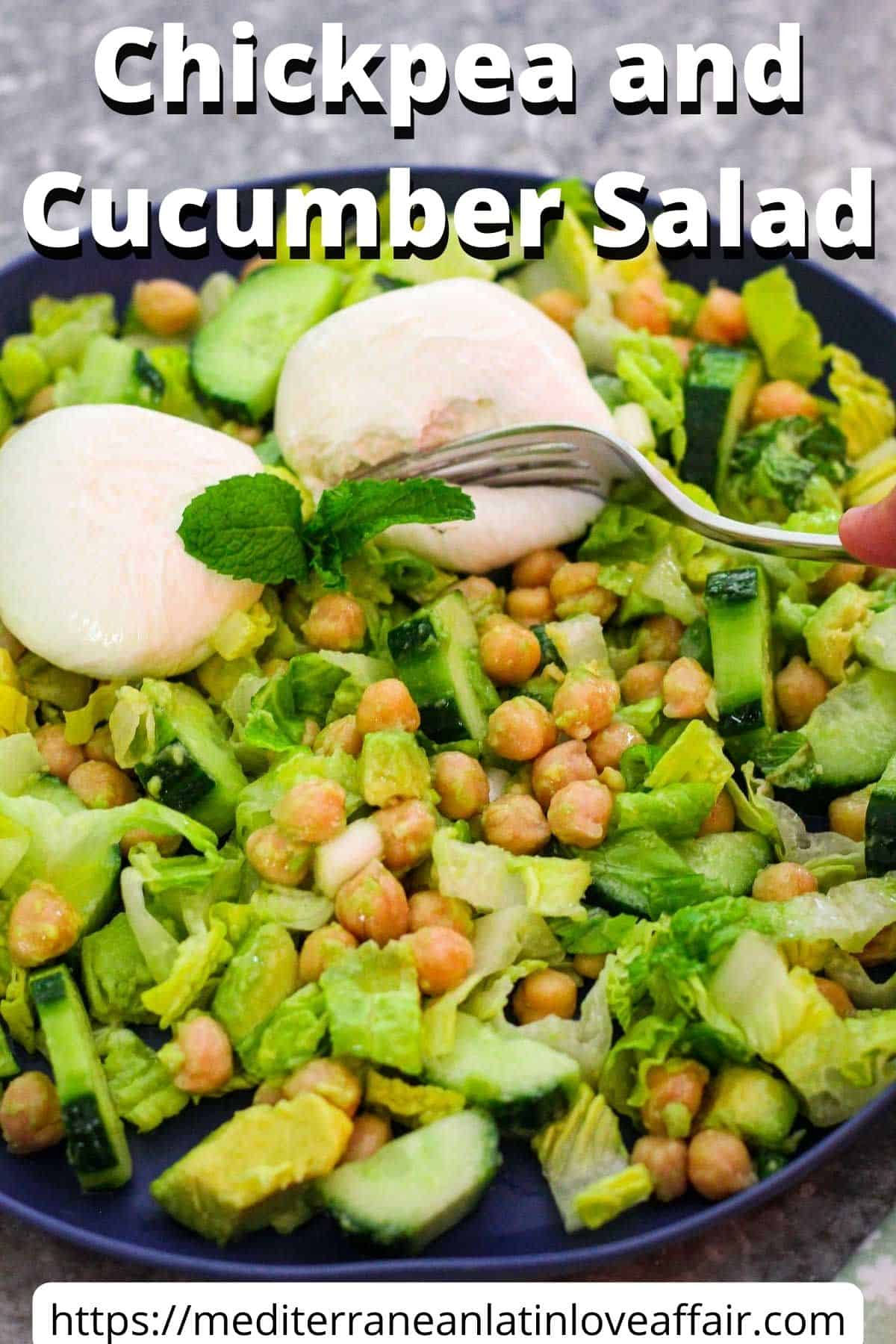An image prepared for Pinterest, It shows a picture of the chickpea and cucumber salad topped with burrata and mint. There's a title bar on top of the picture and a website link at the bottom.