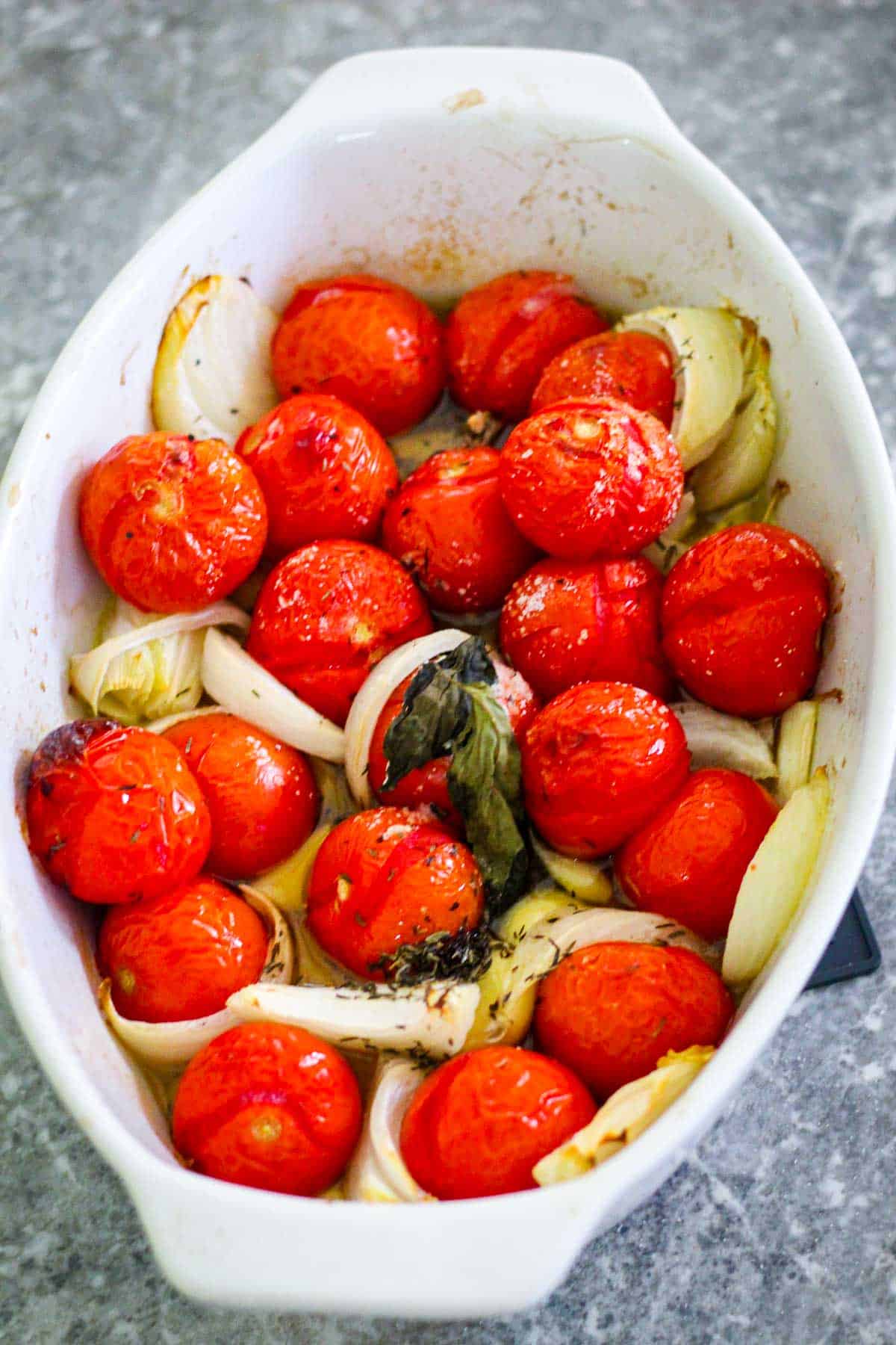 Roasted tomatoes, garlic, onions and herbs with olive oil. 