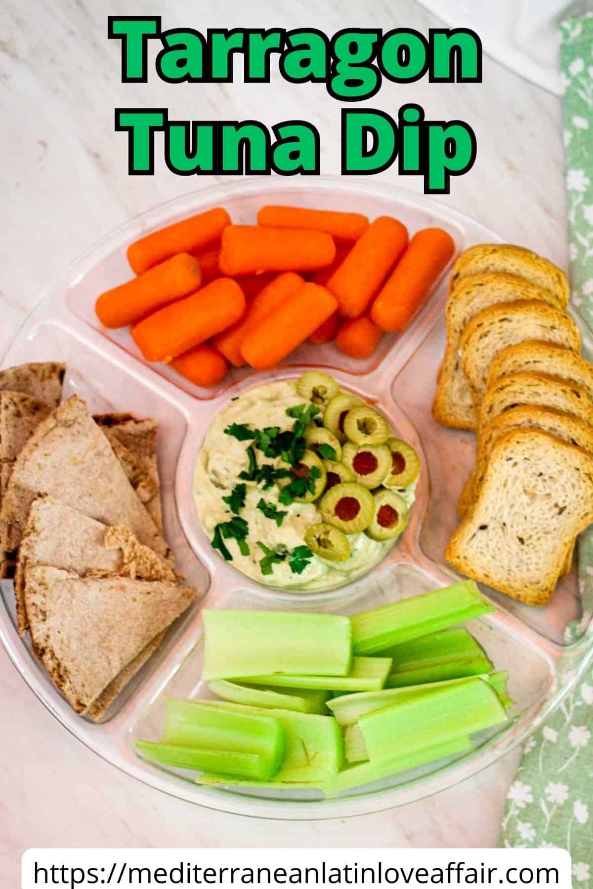 An image prepared for Pinterest, it shows a platter with tarragon tuna dip topped with fresh parsley and sliced olives. On top of the picture there's a title bar and at the bottom a website link.
