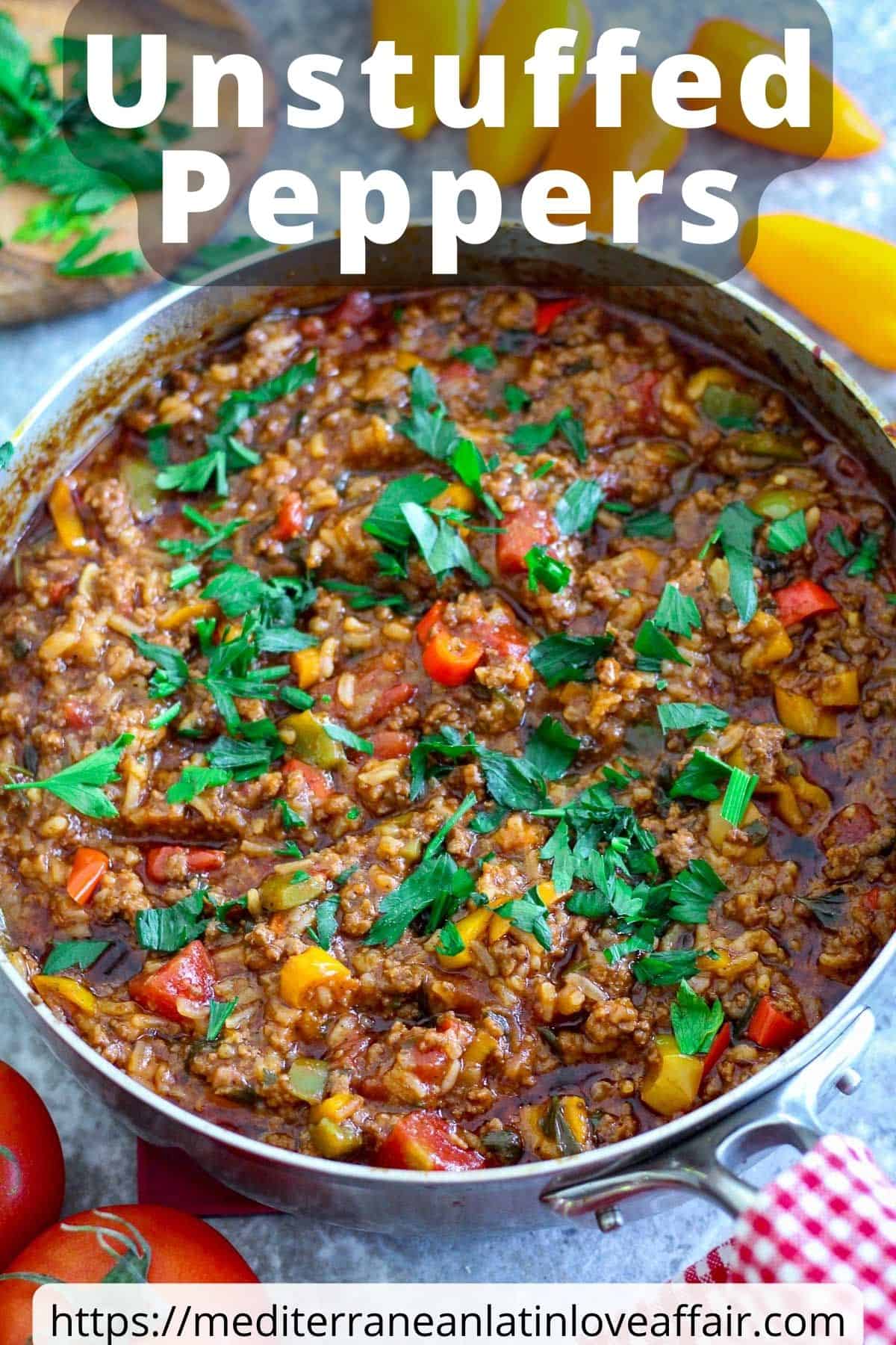 An image prepared for Pinterest. It shows a skillet with ground beef, peppers, rice and lots of yummy ingredients. There's a title bar on top that reads Unstuffed Peppers and a website link at the bottom.