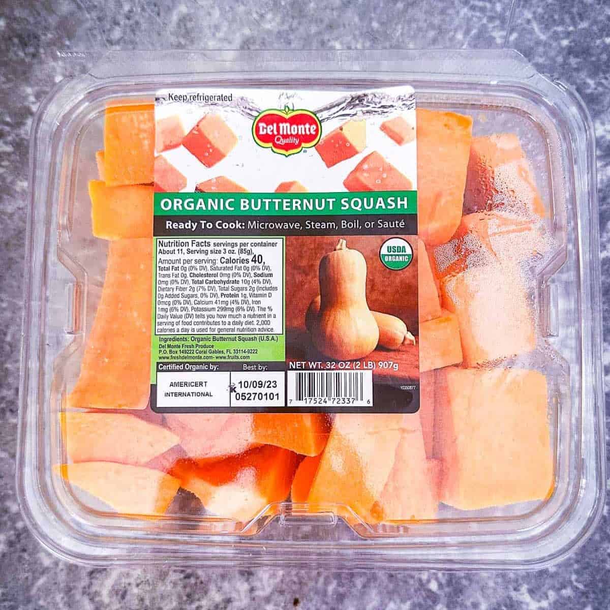 Packaged butternut squash, peeled and cut from the refrigerated Costco produce section. 