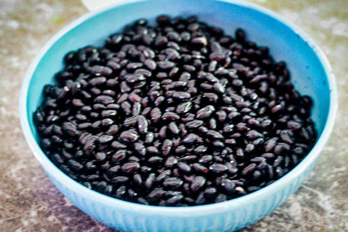Dry black beans on a round blue bowl.