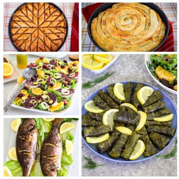 A collage of five Albanian recipes showing baklava, byrek, a salad, baked whole fish and stuffed grape leaves.