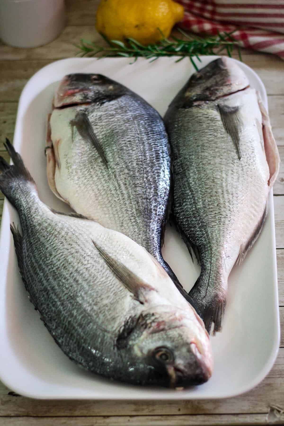Three sea bream fish on a platter, fish are cleaned from the inside but are still whole. They're uncooked at this point. 