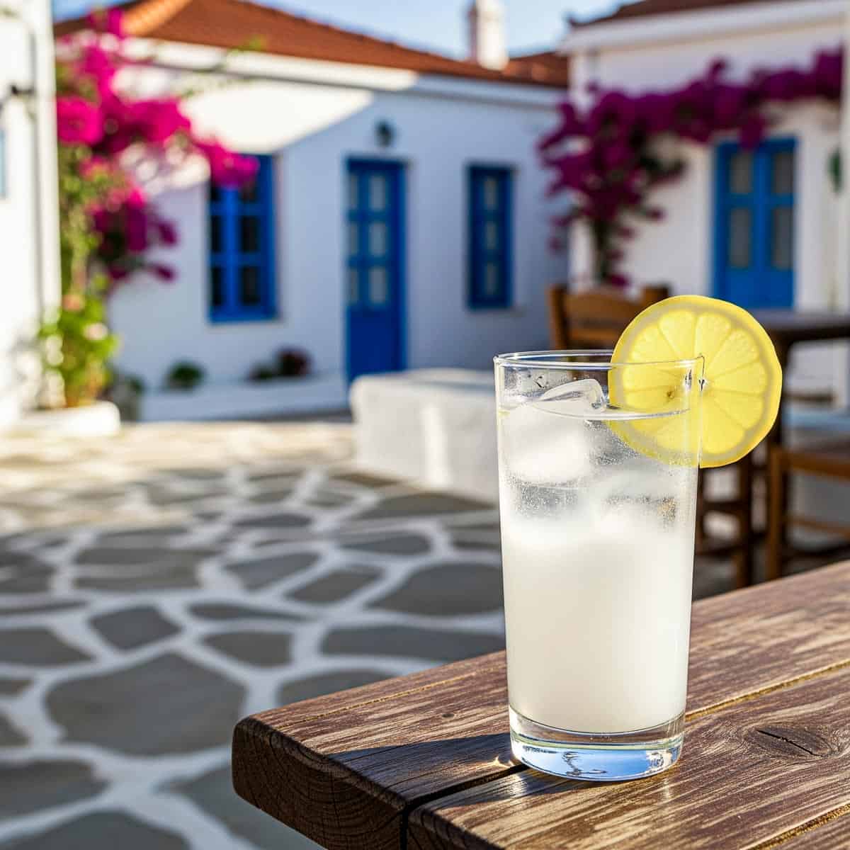 Ouzo cocktail in a Greek village. 