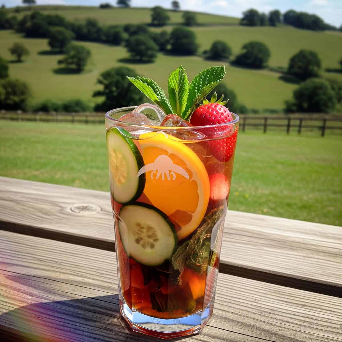 An English summer classic cocktail called Pimm's cup. Picture shows cocktail in a table outdoors. There's cucumber, oranges and stawberries visible in the cocktail. 
