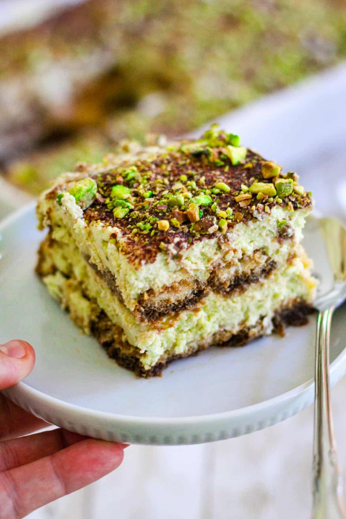 A plate showcasing a slice of pistachio tiramisu with a spoon right next to it.