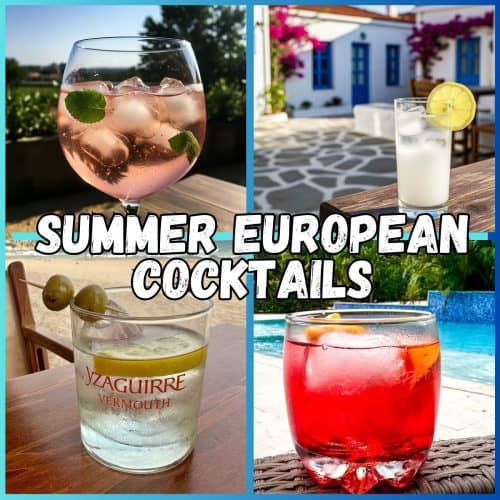 A collage of cocktails in different settings, shown with a title bar running through that says: Summer European Cocktails