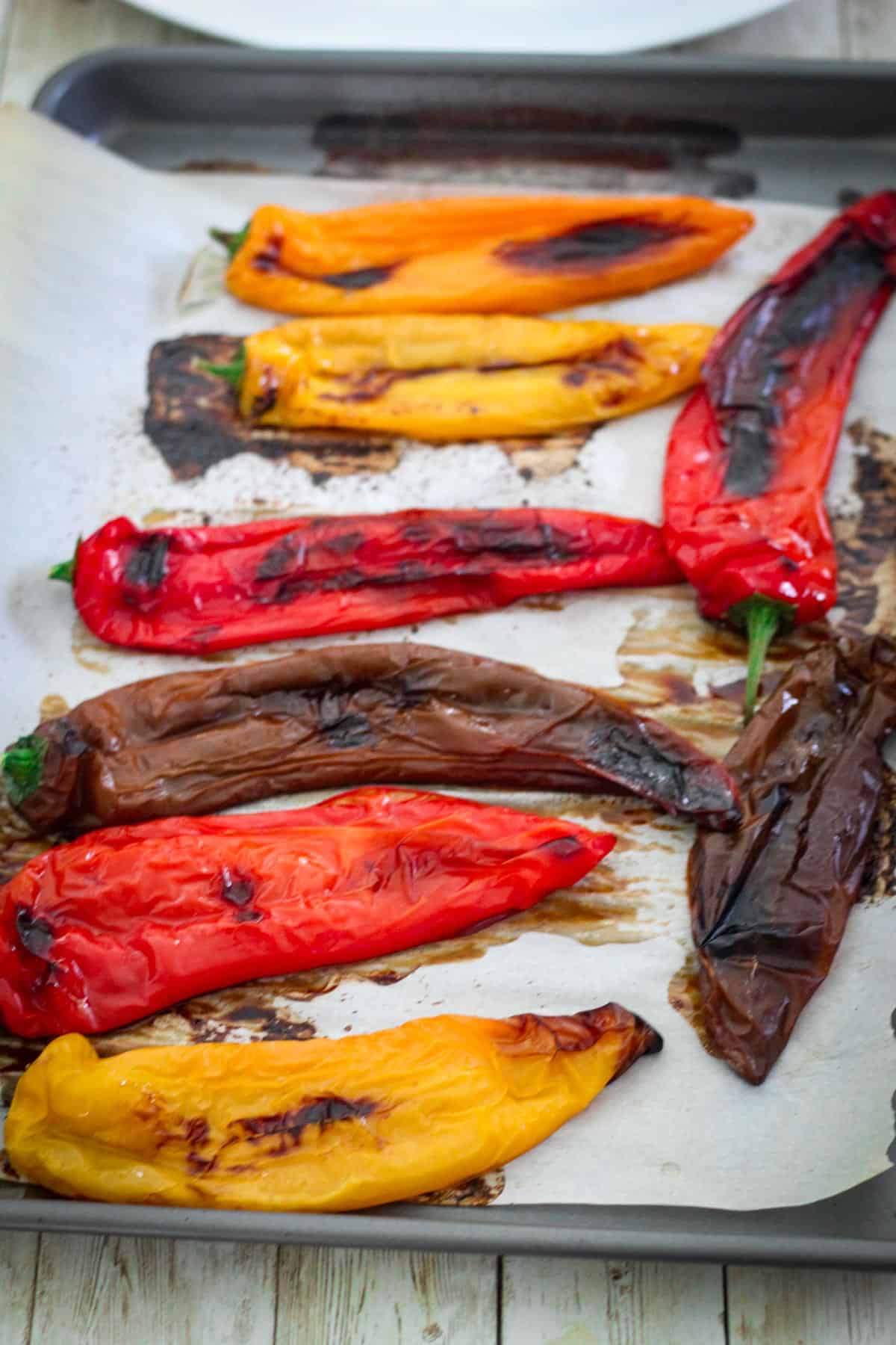 Roasted peppers in the baking tray.